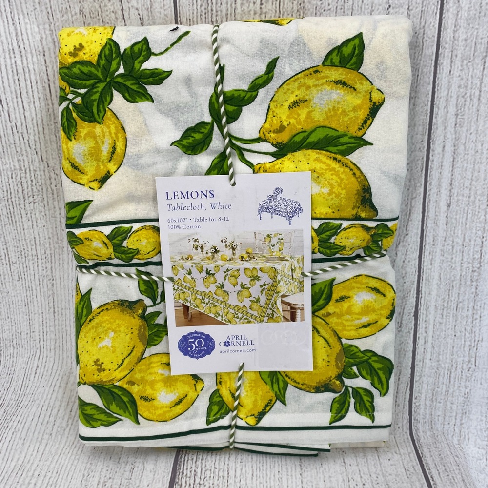 April Cornell Tablecloth 60x102 Lemon White Yellow Cotton Citrus Fruit Print